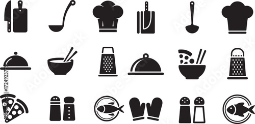 Collection of kitchen utensils and food icons cooking chef
