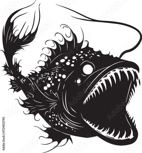 Anglerfish in the Abyss: A detailed illustration of an anglerfish, a deep-sea predator with a glowing lure, navigating the dark depths of the ocean.