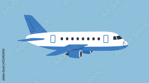 A minimalist illustration of a white and blue airplane flying in a clear sky. The plane is shown in profile with simple, clean lines, indicating modern air travel.