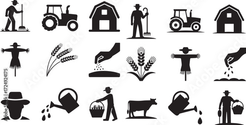 Farmer tending crops and animals with equipment tractor barn
