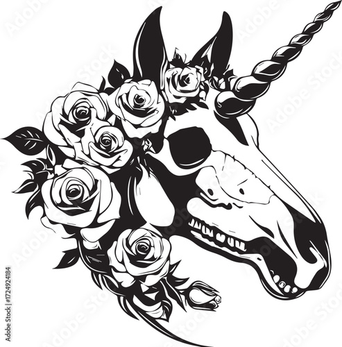 Mystical Unicorn Skull with Floral Embellishments: A captivating black and white illustration of a unicorn skull adorned with roses.