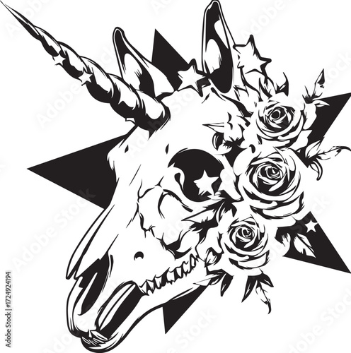 The Mystic Skull: A striking black and white artistic composition showcasing a unicorn skull adorned with delicate roses and celestial stars, embodying the fusion of beauty, mortality.