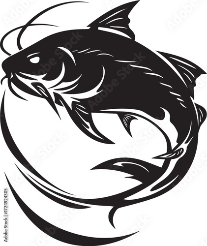 Catfish Icon: A striking monochrome icon depicts a catfish in dynamic motion, swimming with power. Evoking the grace and agility of aquatic life.