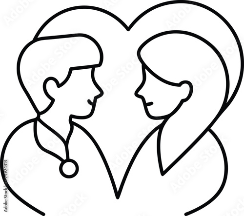 continuous line art doctor nurse teamwork illustration on transparent