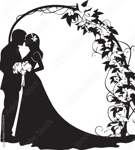 Eternal Embrace: A romantic silhouette of a couple exchanging a tender moment beneath an enchanting archway adorned with delicate floral details, epitomizing the timeless allure of a wedding.
