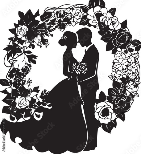 Timeless Union: A silhouette of a radiant couple, their figures embraced within a wreath of exquisite blossoms, embodies the promise of everlasting love and the beauty of unity.