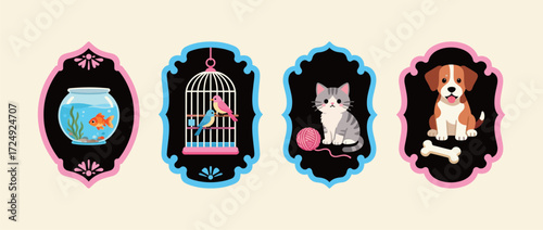 Retro Pet Shop Labels Collection with Cute Cartoon Animals and Accessories Including Dog, Cat, Fish, and Bird, Framed Vector Graphics for Veterinarian or Grooming Business.