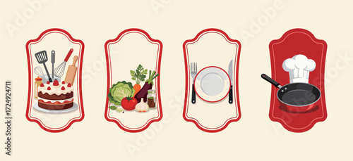 Vintage Recipe Card Illustrations Set of Four for Culinary Arts and Baking Concepts, Featuring Kitchen Tools, Fresh Vegetables, Cake, and Chef's Hat Design in Retro Style.