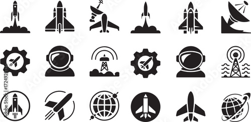 Rocket launch astronaut satellite gear globe airplane helmet