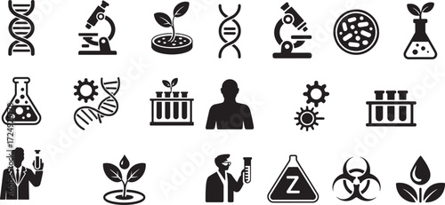 Scientific research and biological study icons microscope plant