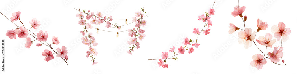 Naklejka premium Cherry Blossom Branches: Isolated Watercolor Floral Elements on White