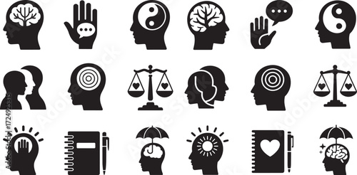 Silhouette heads with symbolic imagery representing thoughts emotions and balance brain tree