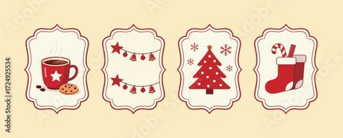 Cozy Retro Christmas Winter Holiday Labels Set with Festive Icons, Featuring Hot Chocolate Mug, String Lights, Pine Tree, and Christmas Stocking Illustration for Seasonal Decor.