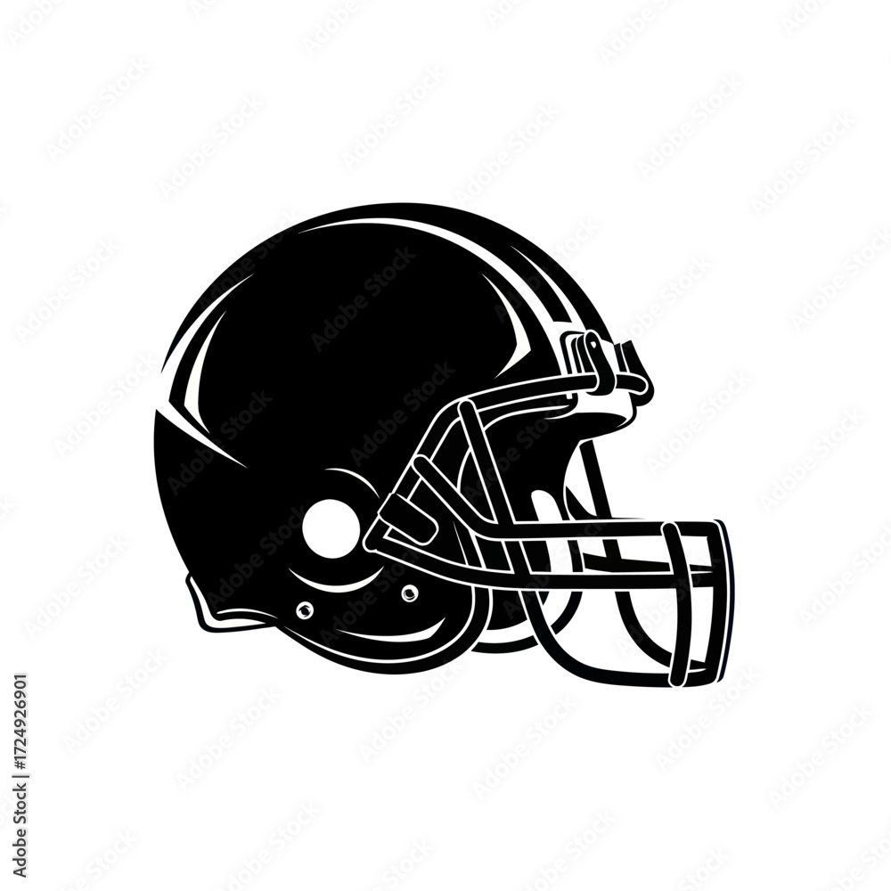 Naklejka premium Black and white illustration of an American football helmet with a face mask, depicted in a side profile, representing sports equipment.