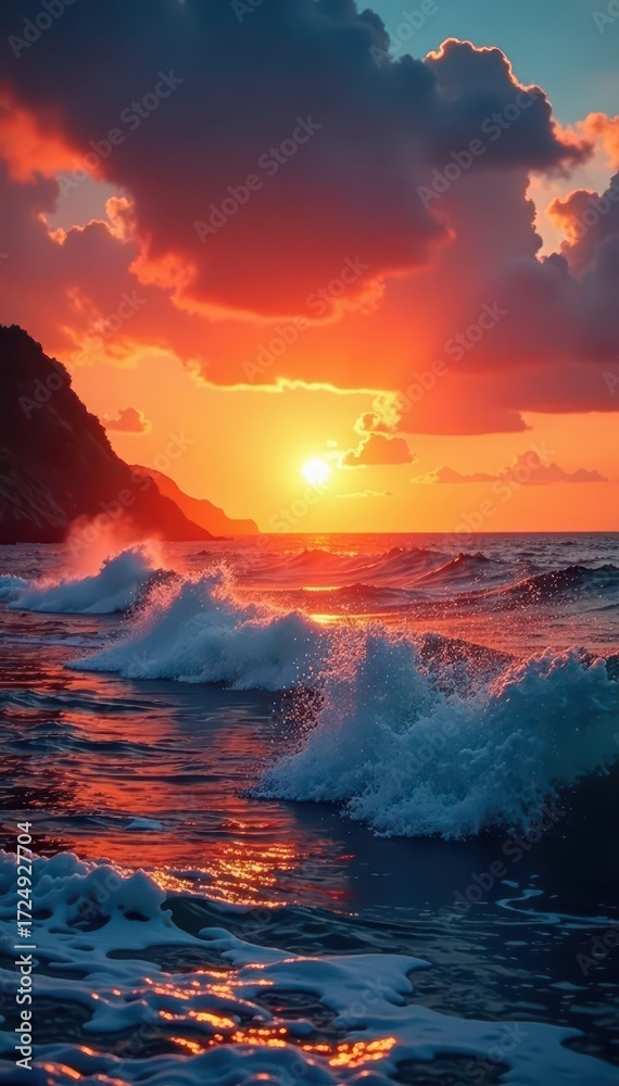 Fototapeta premium Fiery orange sunset paints the tranquil ocean waves, coastal, breathtaking, twilight