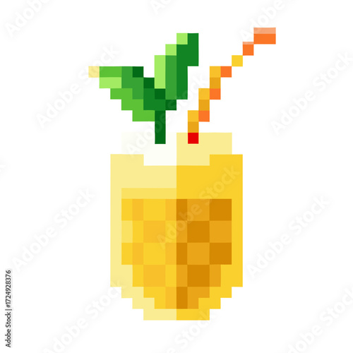Refreshing pixel art pina colada pineapple drink with straw and leaves, perfect for summer vibes and retro gaming designs, fun and playful