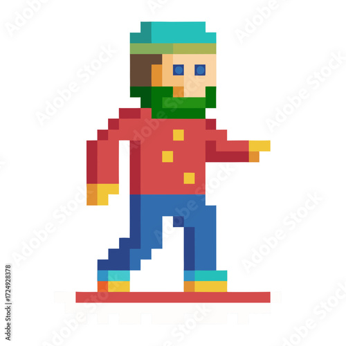 Pixelated man snowboarding down the slopes, a retro gaming design element, nostalgic winter fun and pixel perfect vibes