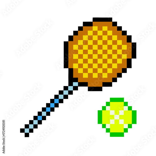 Retro pixel art style tennis racket and ball for a vintage gaming aesthetic, evokes 8-bit era nostalgia and fun