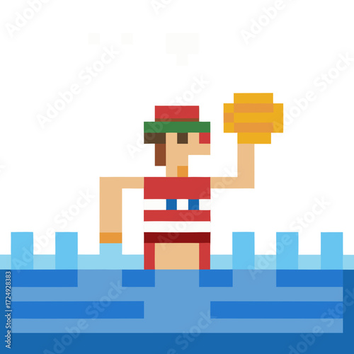 Pixel art water polo player poised to throw the ball with retro gaming vibe for a fun sports theme design