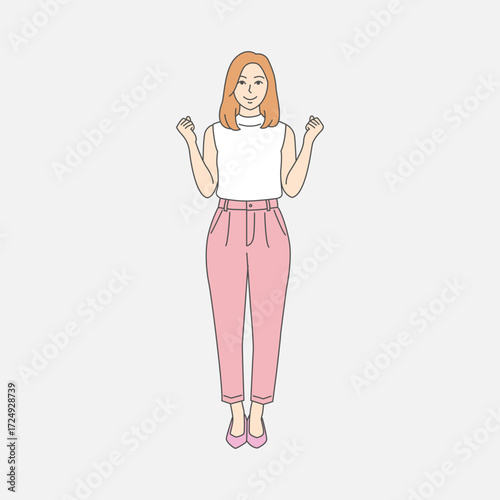 Illustration of a cheerful woman stands with fists raised in a victory pose