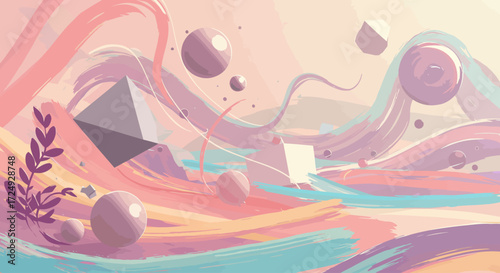 A vibrant digital illustration showcasing a fantastical landscape of floating geometric islands, where abstract 2D shapes seamlessly merge with minimalist 3D structures in an ethereal, dreamlike.