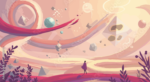 A vibrant digital illustration showcasing a fantastical landscape of floating geometric islands, where abstract 2D shapes seamlessly merge with minimalist 3D structures in an ethereal, dreamlike.