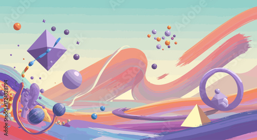 A vibrant digital illustration showcasing a fantastical landscape of floating geometric islands, where abstract 2D shapes seamlessly merge with minimalist 3D structures in an ethereal, dreamlike.