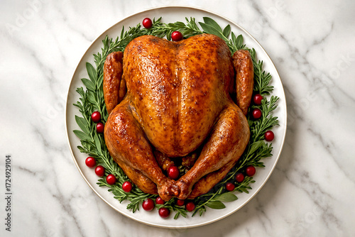 Top view of a roasted Thanksgiving turkey with golden crispy crust, served on a platter with herbs and cranberries on a marble surface. Festive food shot for holiday banners and seasonal marketing.