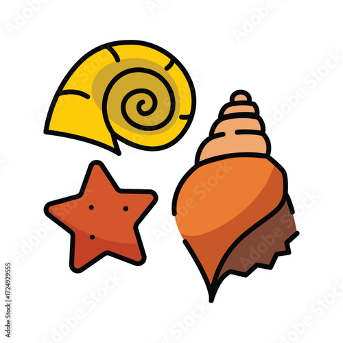 Stylized drawing of three seashells and a starfish