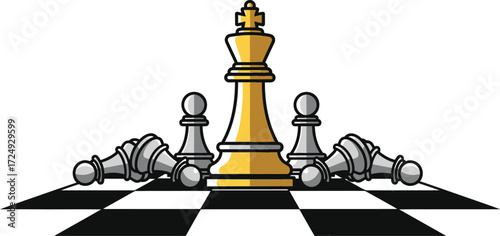 Chess king on the chessboard with chess pawn. chess board and chess pieces vector illustration icon