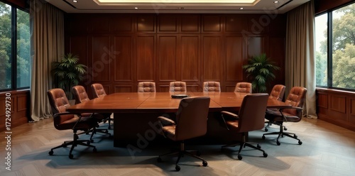 Vast mahogany conference table dominates spacious room, meeting, room