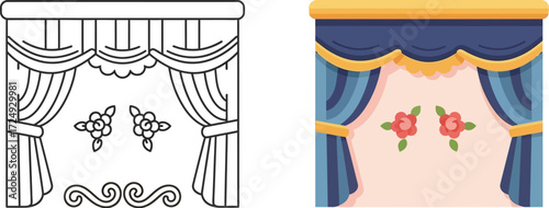 Open curtain vector illustration icon. Decorative colorful valance and curtain set with floral and scroll accents vector illustration  