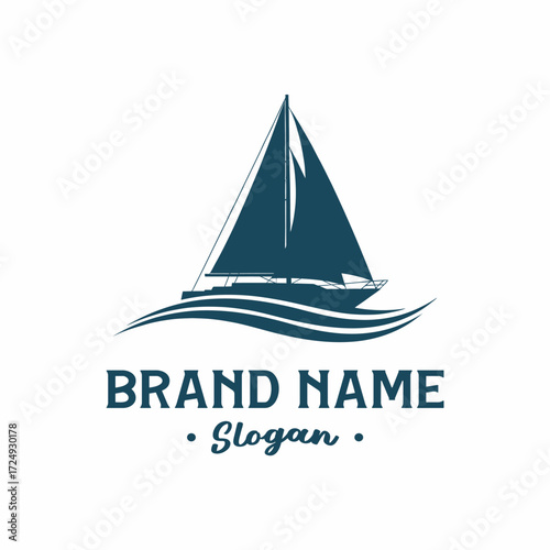 Elegant logo design of a dark blue sailboat on stylized waves, with placeholder text for a brand name and slogan.