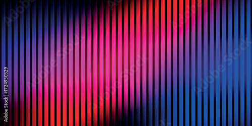 Trendy color horizontal background of ribbed glass effect. Iridescent plastic texture with striped overlay. Gradient banner with holographic texture. Vector illustration.
