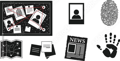 Crime evidence pinned to crime notice board link to detective investigation with mystery thread for crime clues vector illustration icon