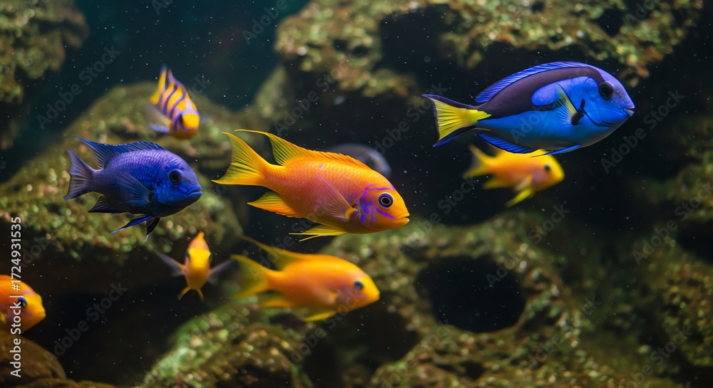 Obraz premium Colorful reef fish swimming among coral rocks