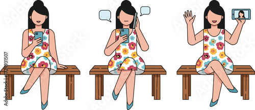 Same young woman in a dress making a phone call, browsing social media, taking a selfie vector illustration