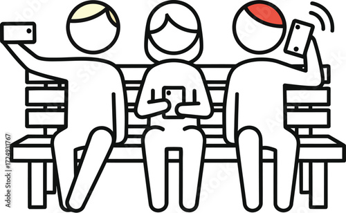 Persons seating on a chair in the park making phone calls, browsing social media, taking a selfie vector illustration icon