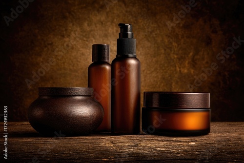 Brown bottles and jars on a rustic table