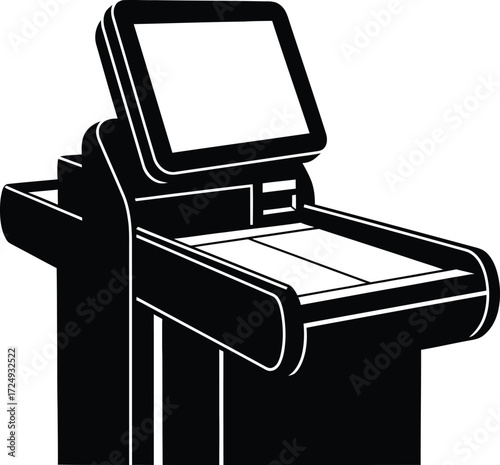 Sleek self-service kiosk design with touch screen display ready for retail checkout or information access in modern settings