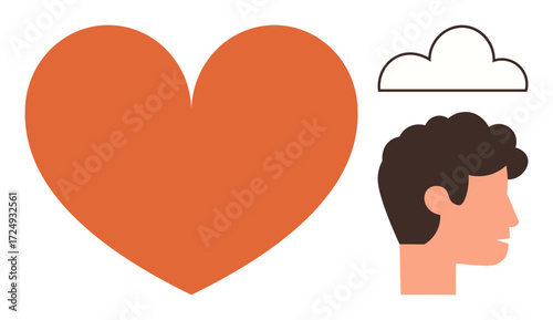 Head silhouette with bold orange heart and minimalist cloud, signifying love, empathy, mindfulness, and imagination. Ideal for psychology, well-being, self-care, mental health compassion