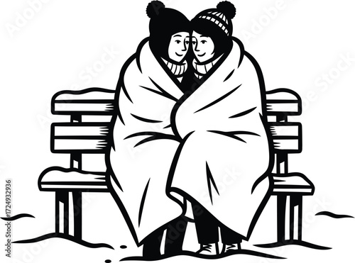 Couple wrapped in blanket on snowy bench sharing warmth and togetherness on transparent background