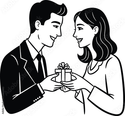 Man gives a gift to a woman in a black and white line art illustration on transparent background