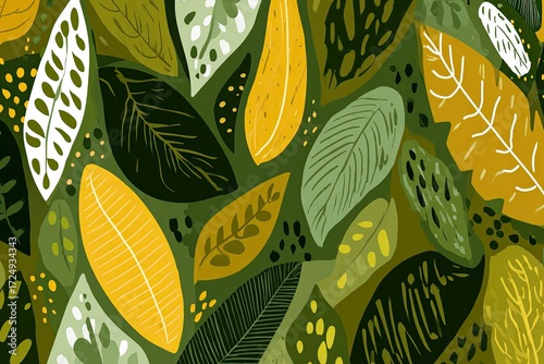 A vibrant pattern of various leaves in shades of green, yellow, and muted tones