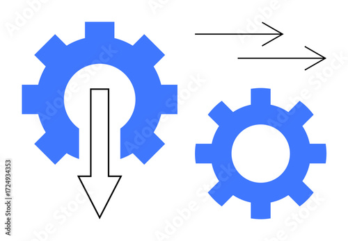 Two blue gears connected with downward and rightward arrows conveying workflow, automation, and process improvement. Ideal for teamwork, engineering, problem-solving, strategy, productivity