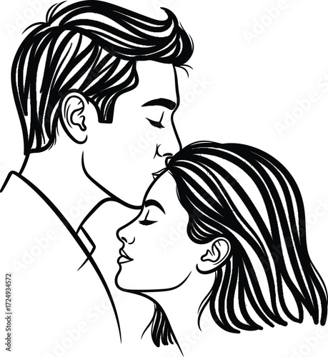 Man gently kisses woman's forehead in loving embrace line art illustration on transparent background