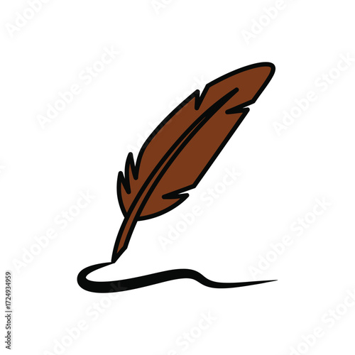 A classic brown feather quill pen writing a signature with black ink. A vector illustration icon symbolizing literature, history, and education, isolated on a white background