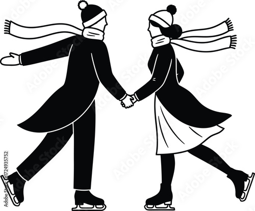 Couple skating together hand in hand on an outdoor ice rink in winter on transparent background