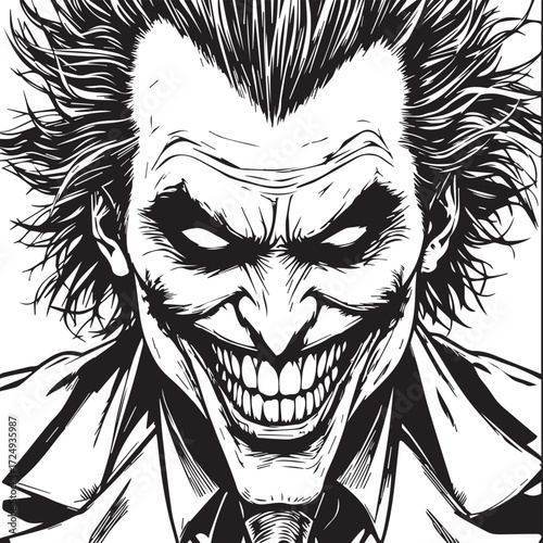 Black and white vector illustration of sinister grinning character with wild hair and intense facial expression