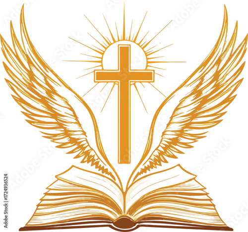 Cross with Wings Over Open Bible Vector Emblem: Christian Faith, Hope, and Spirituality Icon